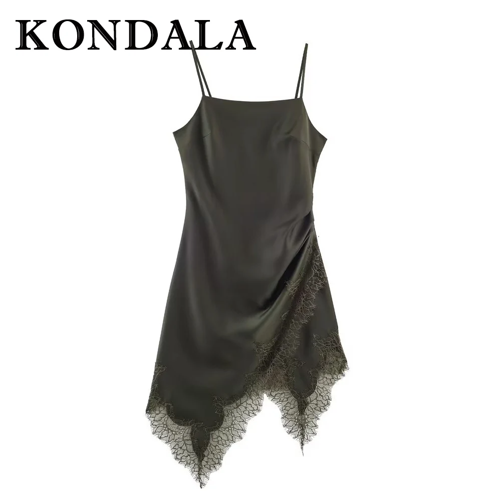 فستان كامي نسائي أخضر غير متماثل مثير من الدانتيل من KONDALA موضة 2025 فستان نادي مسائي بدون أكمام لحفلات أعياد الميلاد #1