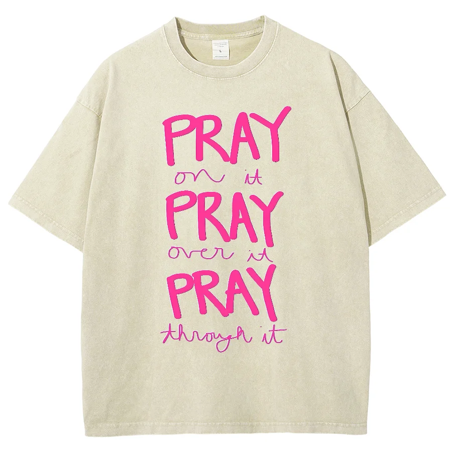 Pray On It Washed Y2K Short Sleeves T-Shirt, Cartoon Creative Printed Unisex Vintage Streetwear New Fashion Casual Plus-Size