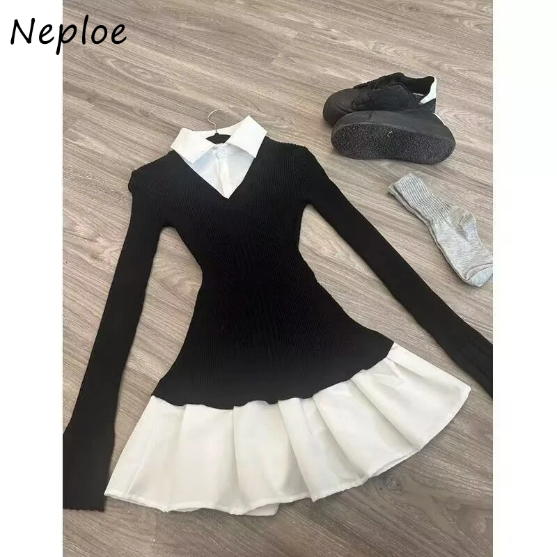 Neploe Spice Girl A-line Preppy Style Patchwork Robe Knit Pleated Slim Waist Vestidos Small Fragrance Panelled Elegant Dress