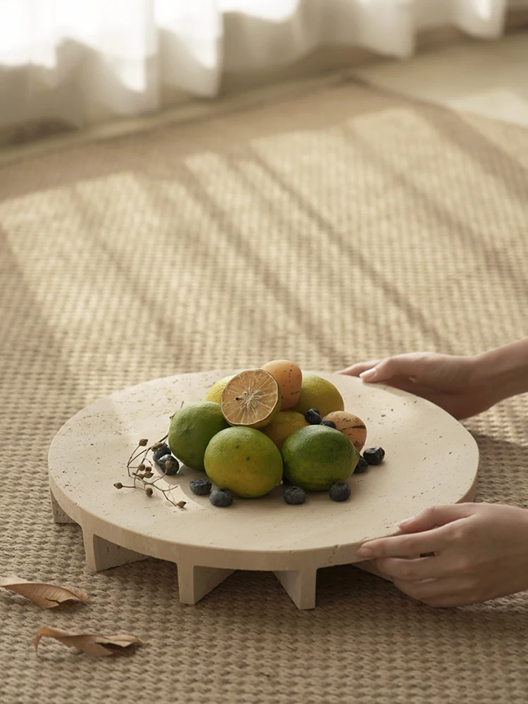 Imagem -02 - Bandeja de Mármore Decorativa para Pão de Salada de Frutas Bandeja Vintage Decoração de Mesa Tigela de Pedestal Travertline Balcão de Cozinha