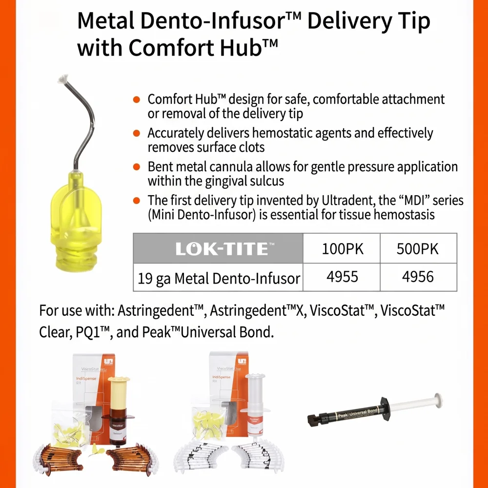

Наконечники Ultradent Metal Dento-Infusor: точная подача гемостатических средств, эргономичный дизайн, удобная конструкция с центральным отверстием и надежный резьбовой замок для безопасного использования.