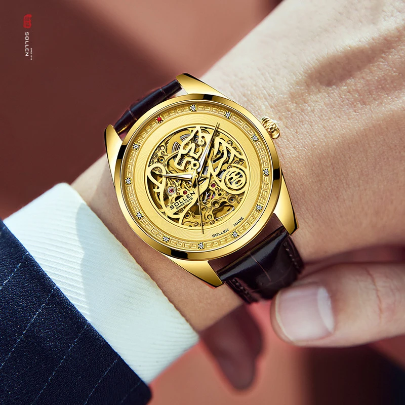 SOLLEN Orologio meccanico cavo di lusso di marca da uomo cinturino in pelle di moda impermeabile orologi automatici scheletrati in oro di fascia alta da uomo
