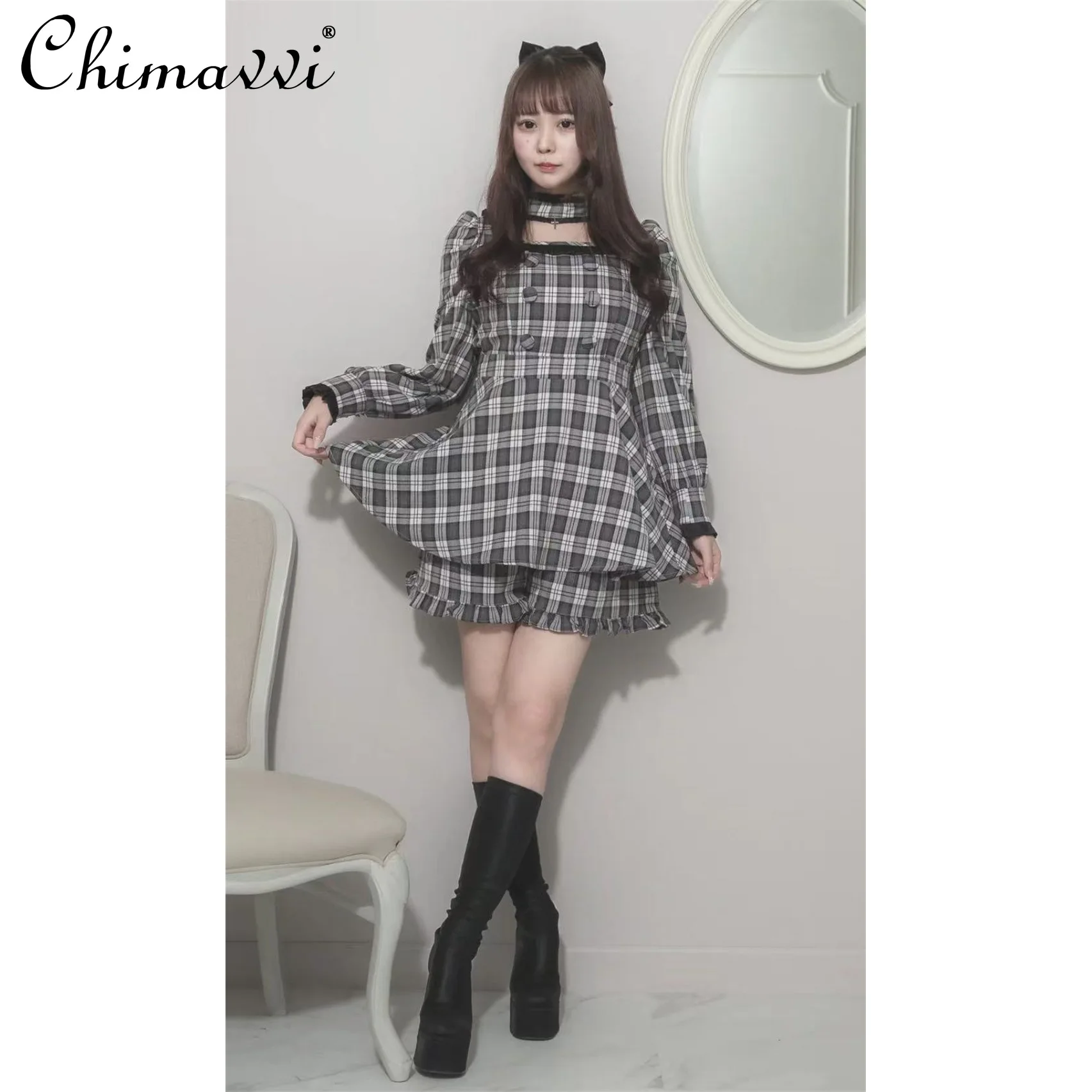 اليابانية الحلو فتاة المختنق الصليب مزدوجة الصدر فستان الدانتيل أعلى + مجموعة تي شيرتات قصيرة للأطفال Kawaii لوليتا فتاة النساء Y2k قطعتين مجموعة