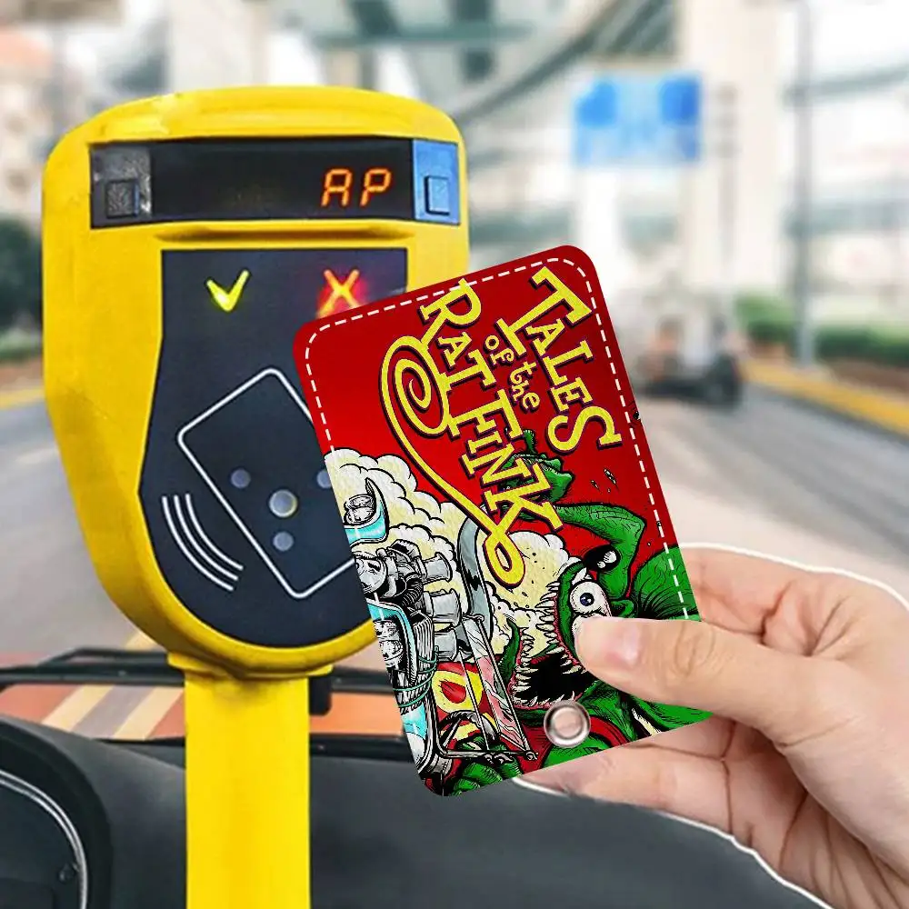 R-RAT F-FINK Rectangle ID Card Case Keychain Access Card Bag Key Tag Ring Leather Card Holder Key Ring Access