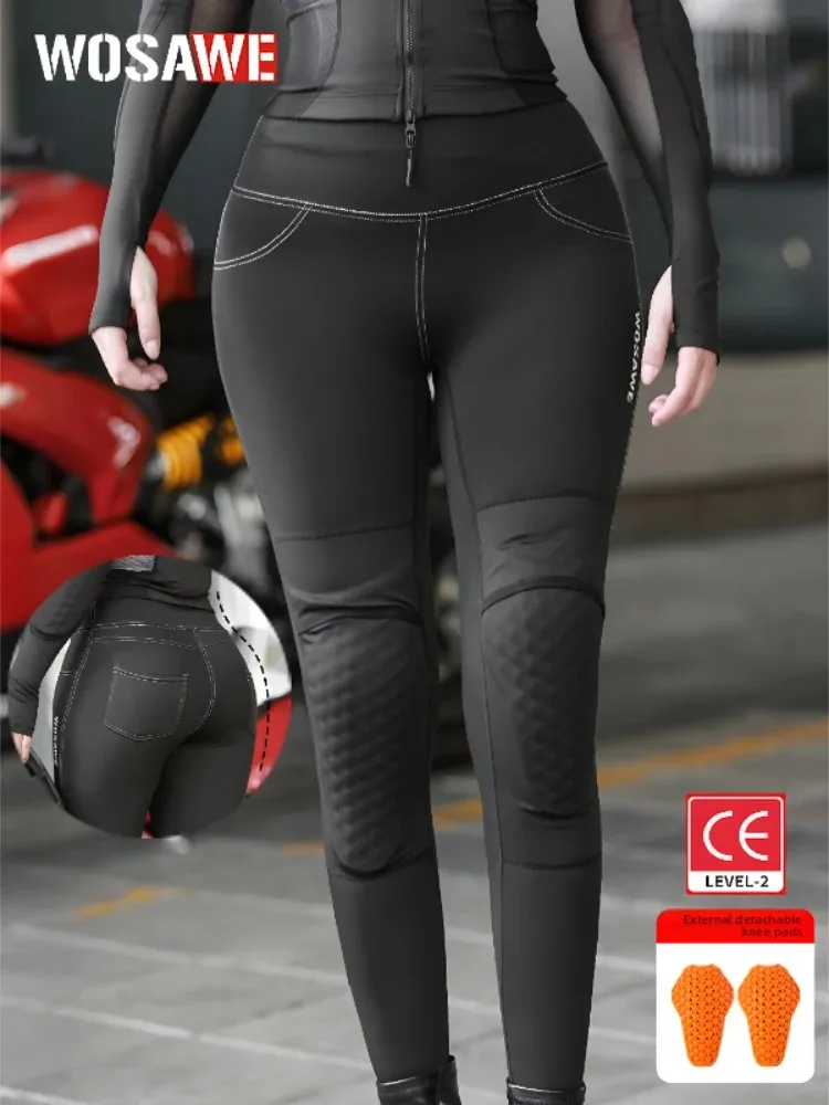 WOSAWE Women Motorcycle Pants Stretchy High Waist Reflective Motorcycle Style Pants Running Fitness GYM Trousers Honey Peach Hip