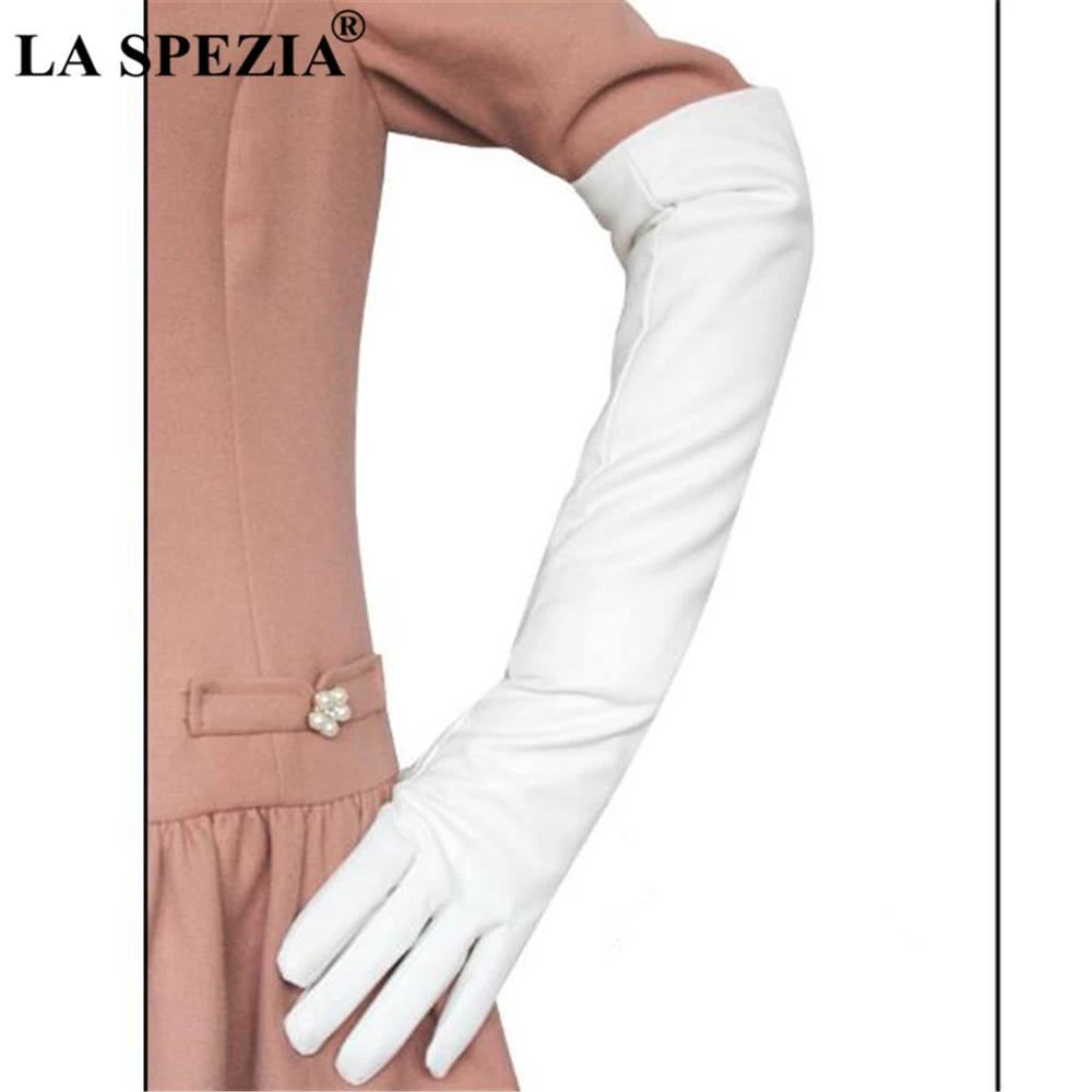 LA SPEZIA Lange Handschuhe Frauen Pu Leder Solide Schwarz Weiß Rot Kaffee Rosa Herbst Winter Mode Damen Ellenbogen Länge Handschuhe