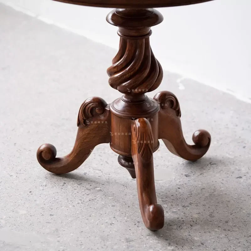 Medieval Western Antique Solid Wood Round Table with Marble Surface Retro Reception Coffee Table with Round Edge Design
