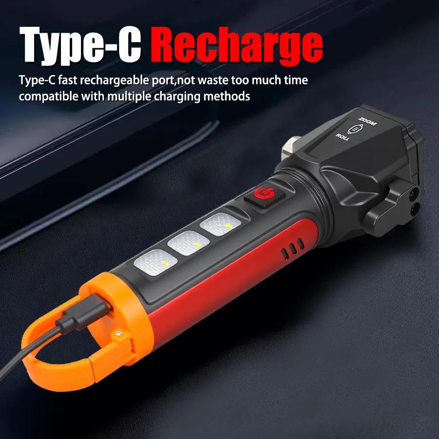 Torcia a LED super luminosa Torcia ricaricabile USB Lampada da campeggio con gancio a luce forte per esterni Torcia a martello Luce rossa di emergenza