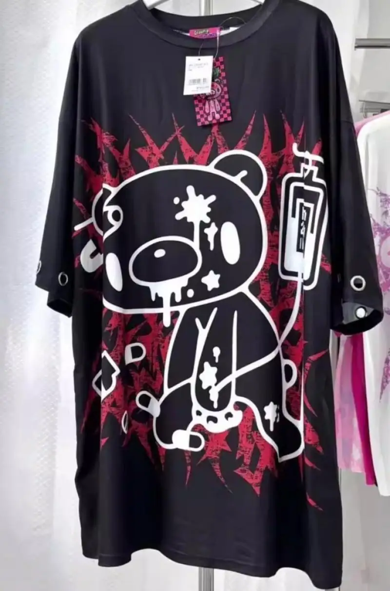 Y2K Japanisches, dunkles, übergroßes Subkultur-T-Shirt mit kurzen Ärmeln, rot-schwarz, kontrastierende Farben, Cartoon-Print, Rundhalsausschnitt, Gothic-Oberteil – Detail 7