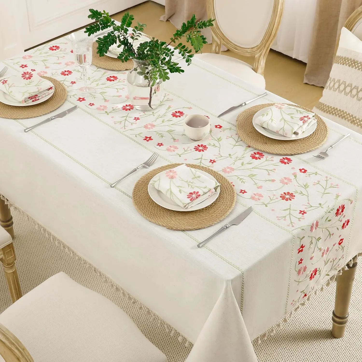 

Table Cloth Embroidery Floral Pattern Wrinkle Free Heavy Cotton Linen Farmhouse Tablecloth Decorative Fabric Tassel Table Cover