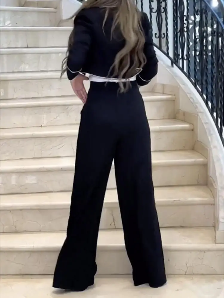 Uoozee Office Lady Formal Two Pieces Sets Long Sleeves Notched Collar Blazer High Waist Side Buttoned Pants Suits For Women