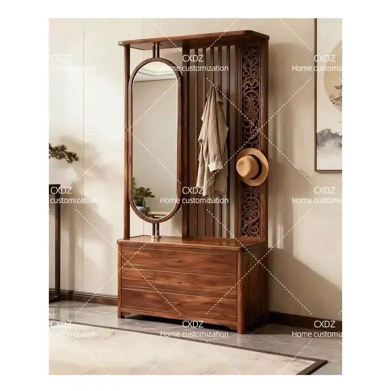 New Chinese Style Solid Wood Coat Rack with Mirror Entryway Foyer Cabinet Light Luxury Clothes Hanging Stand Floor Standing