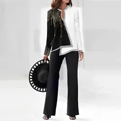 New Fashion Office 2-piece Top Pants O Necks Female Elegant Loose-fitting Suit Set Business Suit Blazer Set Blouse Trousers