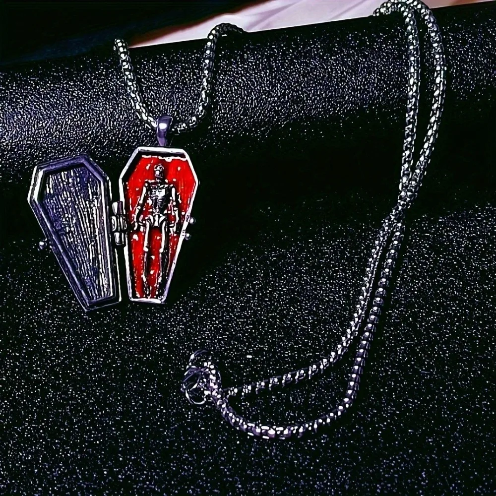 Stainless Steel Heart Pendant Necklace Openable Coffin Dark Red Crystal Skull Choker Thorn Vine Flower Punk Skull