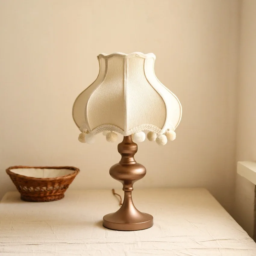 Handmade pom-pom table lamps French vintage coffee colour lamps study retro bedroom bedside decorative desk lights lighting