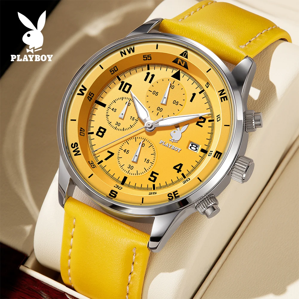 PLAYBOY Luxus-Quarz-Herrenuhren, modisch, lässig, Lederarmband, Sport-Chronograph-Armbanduhr, original wasserdichte Uhren 3303