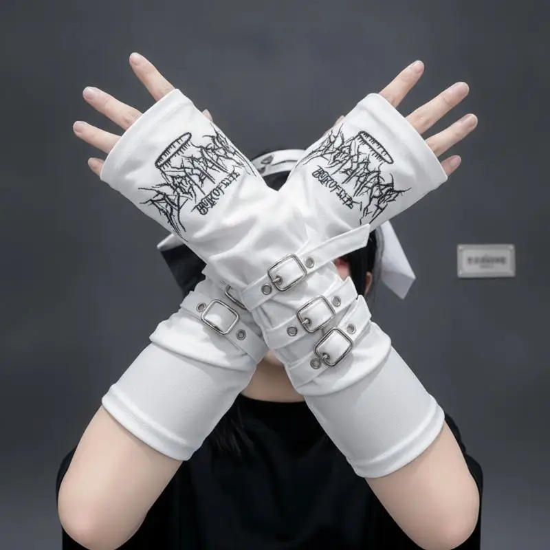 1 Paar schwarze Gothic-Fingerlose-Langhandschuhe mit Stickerei-Design und verstellbaren Schnallen für Halloween, Cosplay, Punk-Party, Streetwear – Detail 1