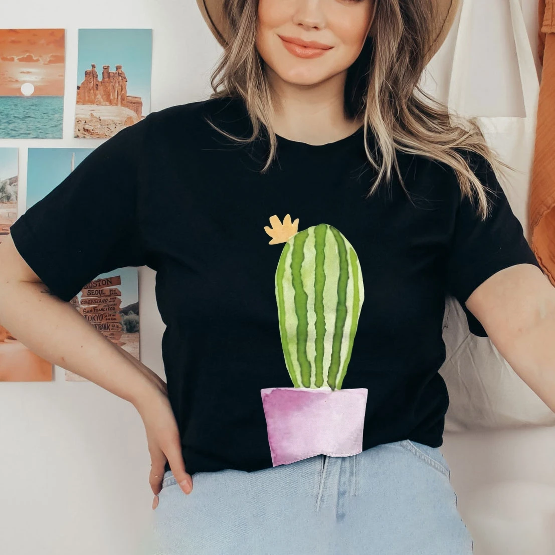 Y2k Kaktus-Druck, übergroßes T-Shirt für Damen, 2022, neues Baumwoll-T-Shirt, Wüstengrafik-Top, Sommer, lässiger Boho-Stil