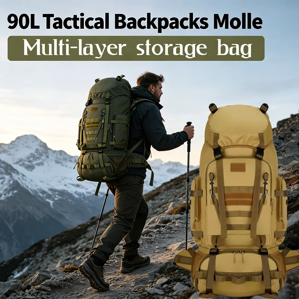 Men's 100L Tactical Backpack MOLLE Large-Capacity Anti Theft Mountaineering Backpack Hiking Rucksack 90L Waterproof Shoulder Bag