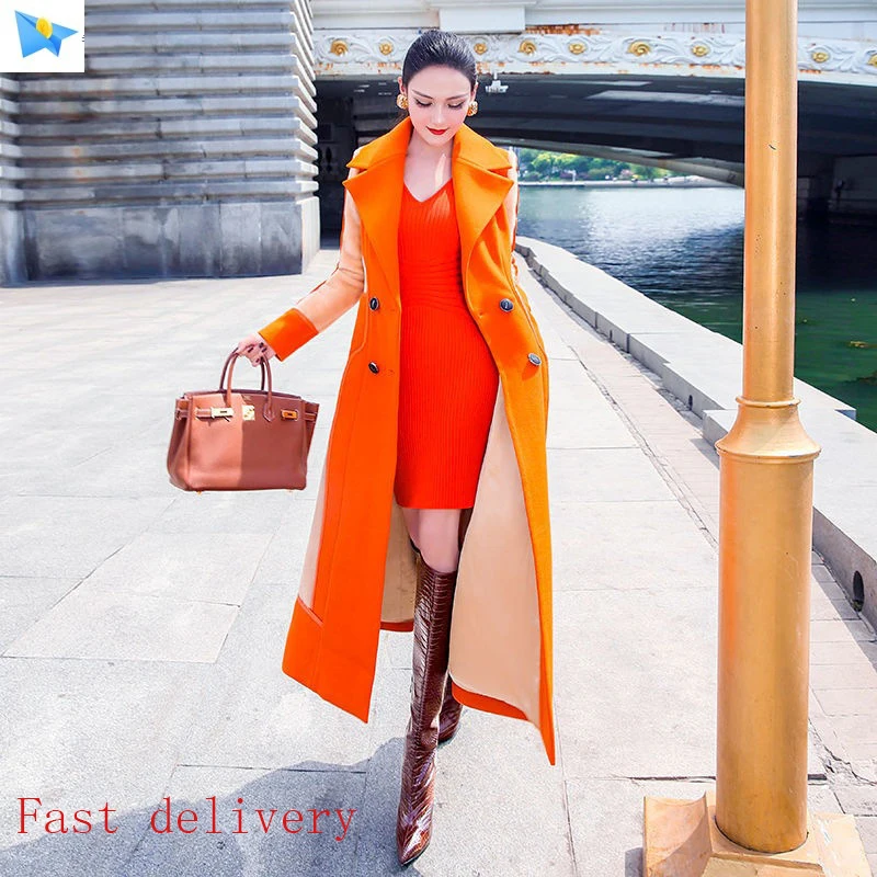 2023 autumn and winter new color contrast coat women\'s Lapel over the knee medium length Plush thickened fashion temperament wom