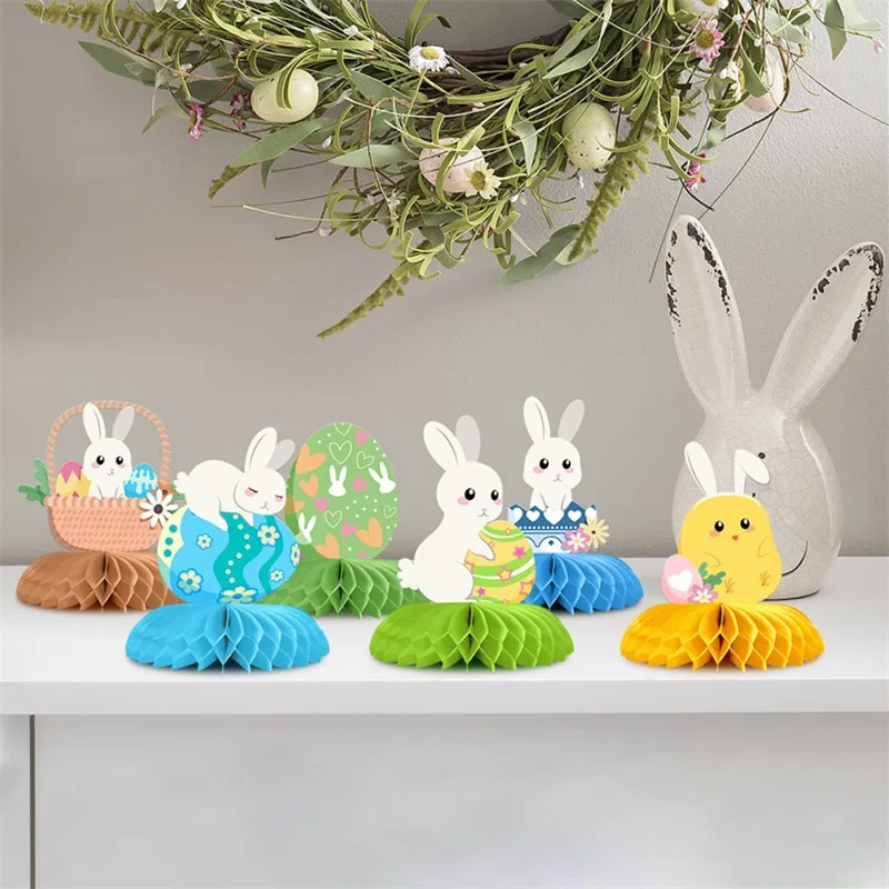 9PCS Easter Egg Hexagon Ornaments Cute Bunny Party Centerpiece Easter Theme Table Decor