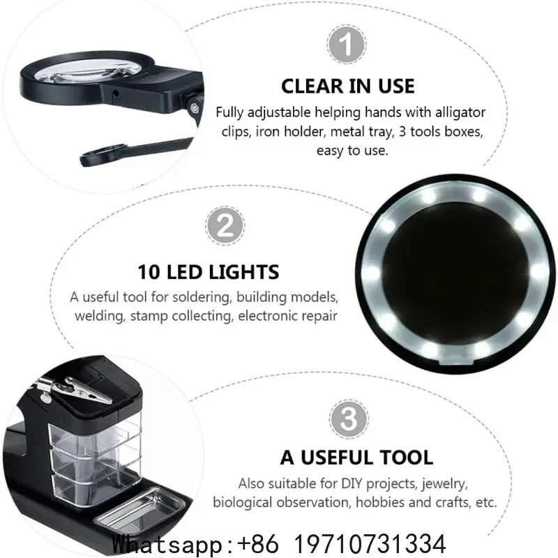 Led Light Helping Hands Magnifier Station 3X/4.5X /25X Magnifier Soldering Station Kit with Alligator Clips and Clamp for Repair