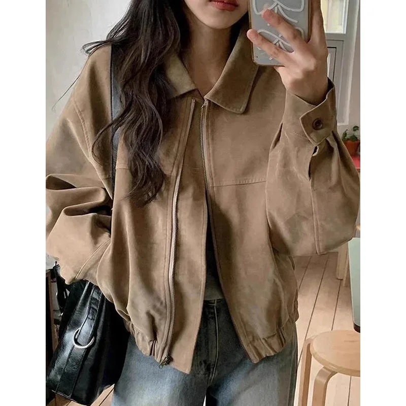 

Retro Chic Autumnal Biker Jaet ort Outerwear Women's Loose Fit Faux Suede Velvet Collared Coat Single Piece Long Sve
