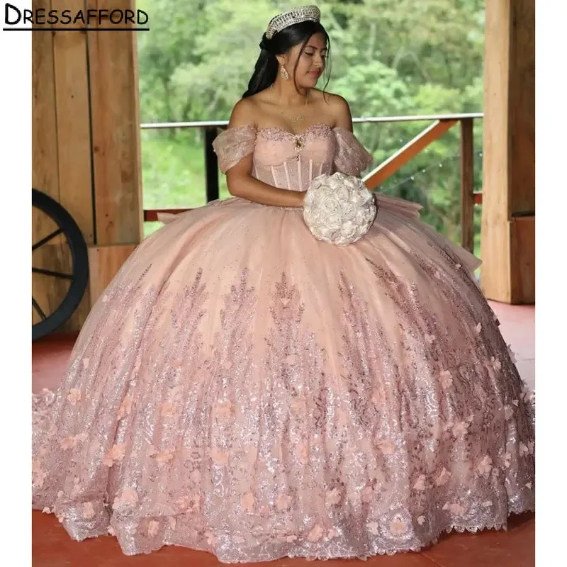 

Pink 3D Flowers Quinceanera Dresses Ball Gown Sequined Appliques Lace Sweet 15 Años Mexican Customized