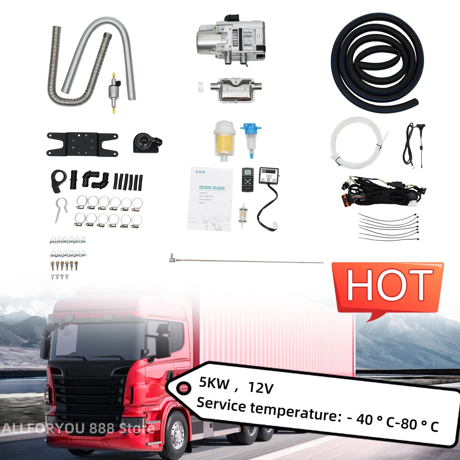 5KW 12V Remote Control Diesel Water Heater For Van Camping Trailer RV Motorhomes Fuel consumption 0.42l/h