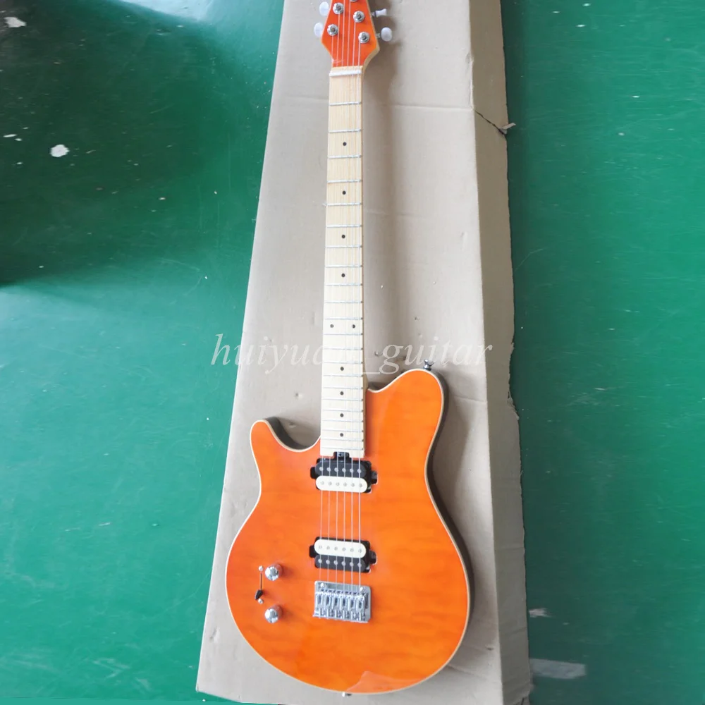 Flyoung 6 Strings Left Hand Orange  M Electric Guitar with Quilted Maple Veneer Maple Fretboard 22 Frets