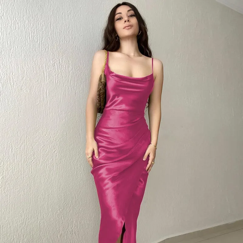 Sexy Satin Women Corset Party Dress Elegant Fashion Strap V Neck Sleeveless High Waist Slit Graduation Gala Dress Robe Prom Gown