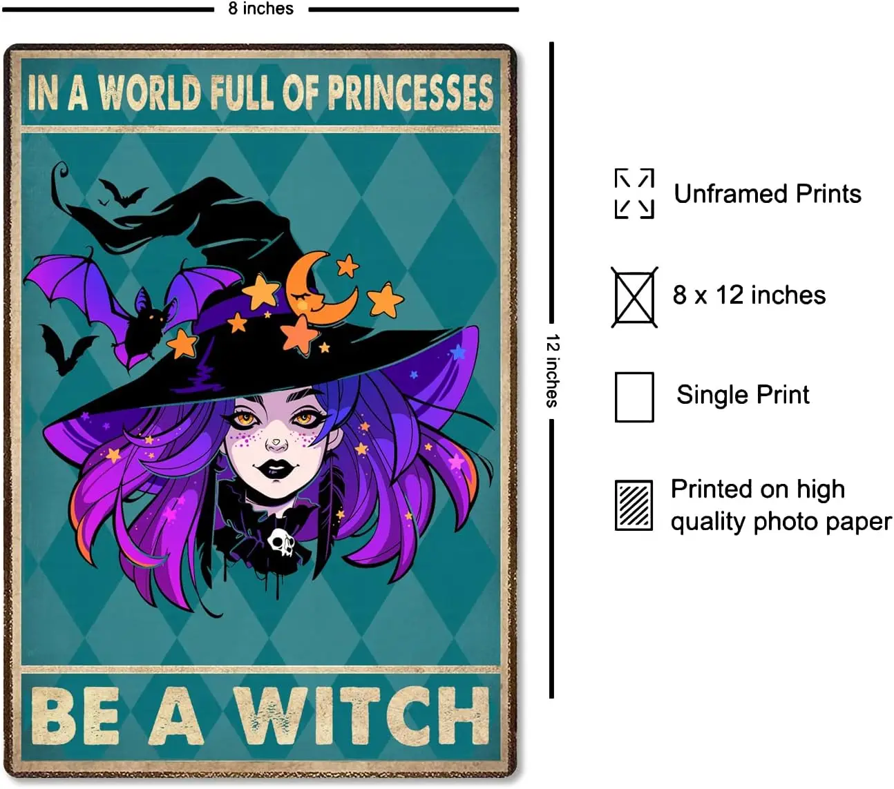 In A World Full Of Princesses Be A Witch Sign Metal Tin Signs, Vintage Purple Hair Girl Art Poster Plaque Home Living Room Wall