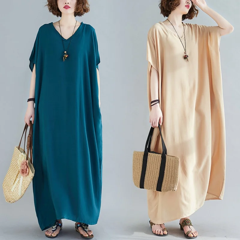 

Женское хлопковое платье длиной до колена очень большого размера с V-образным вырезом, утягивающее свободное платье, привлекательное длинное платье