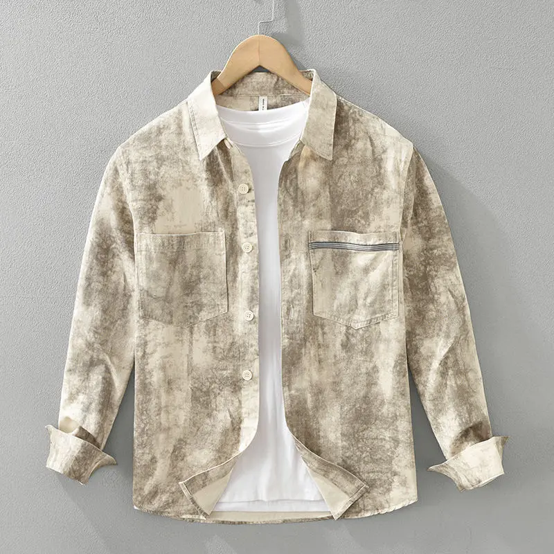 

Мужская блузка с длинным рукавом и свободными пуговицами Tie Dye, уличная блузка, весна-осень, поло с вырезом и принтом, модная рубашка, топы, повседневная мужская одежда