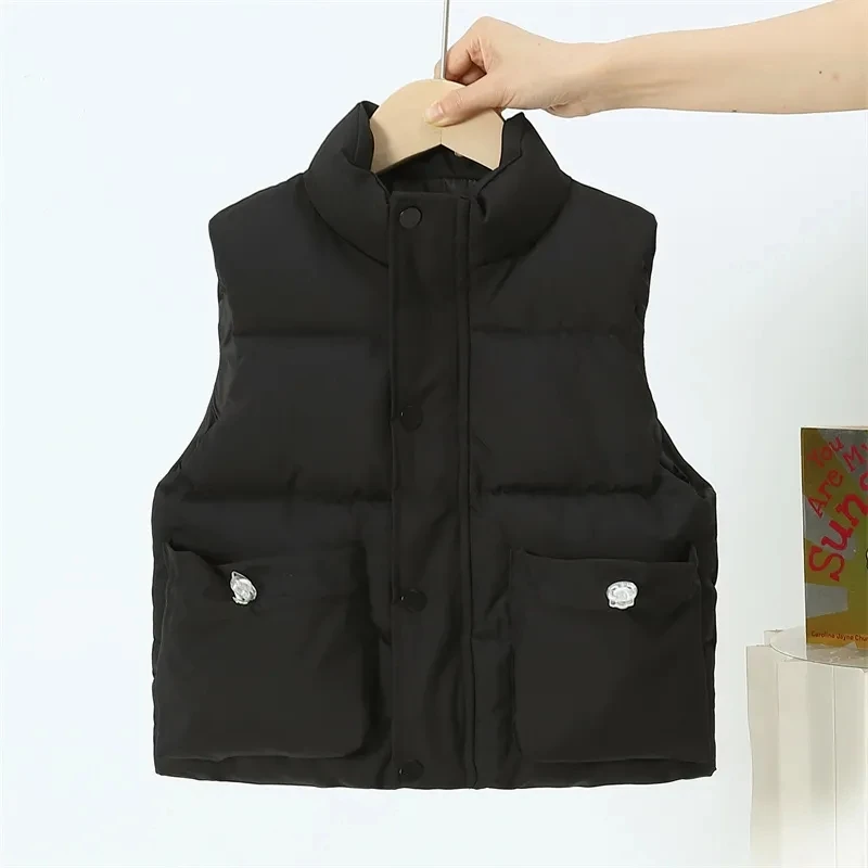 CUHK Children Solid Color Vest Autumn Winter Stand Collar Warm Thicken Cotton Vest Korean Version Fashion Versatile Casual Vest