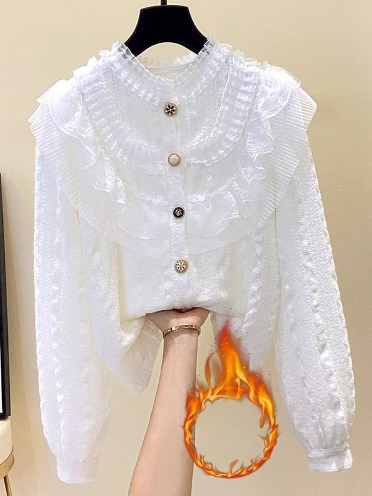 

2025 New White Shirt Fashion Collar Ruffled Lace Shirts Autumn Winter Fleece-Lined Thickened Long Sleeve Top Inner Base Blouses