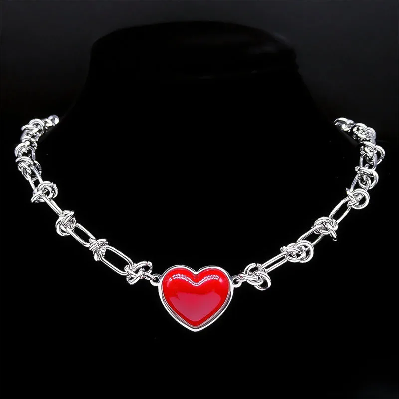 Punk Love Red Heart Pendant Necklace for Women Kpop Stainless Steel Hip Hop Fashion Party Aesthetic Necklace Jewelry Set Gifts