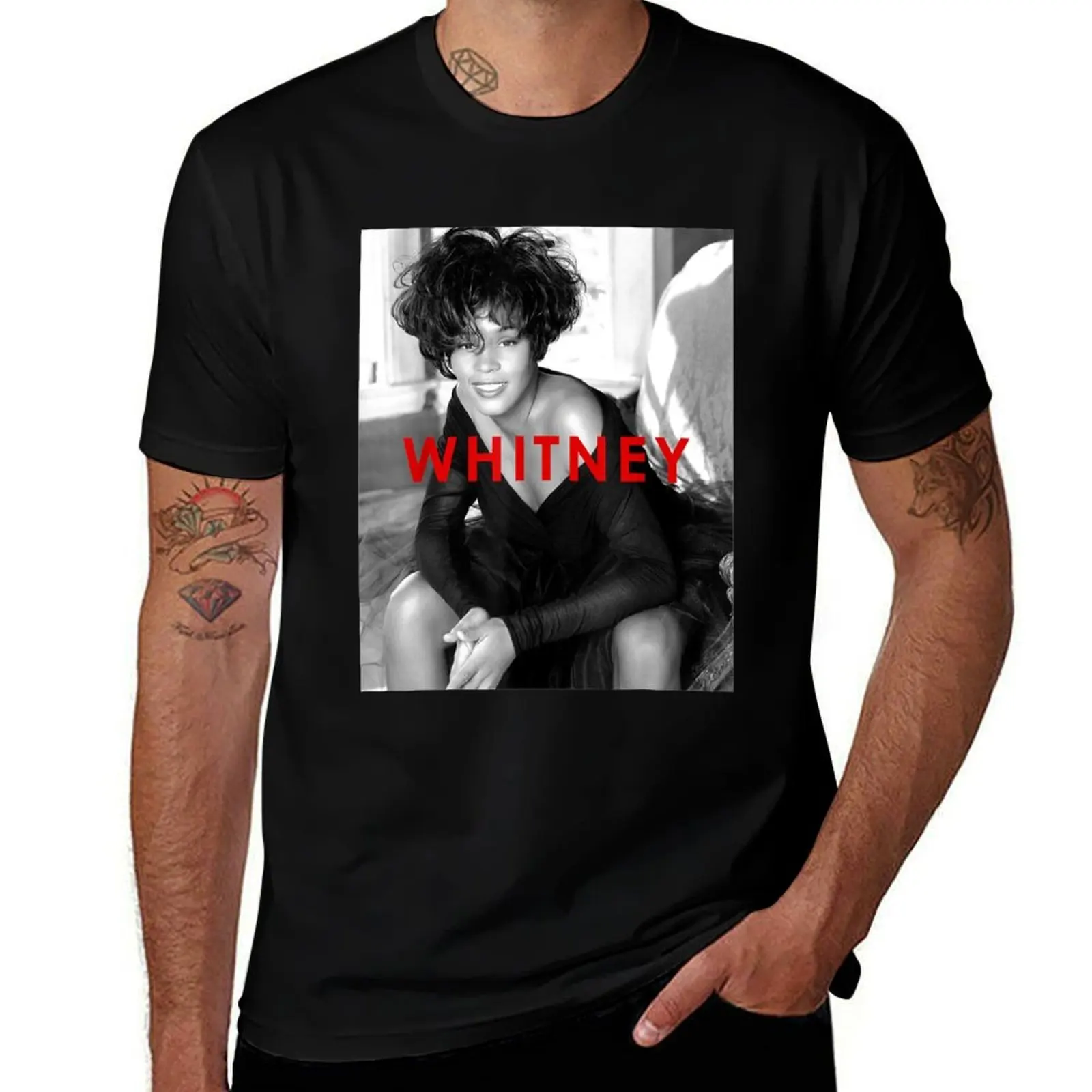 

Whitney Houston Official B&W Photo Red Title T-Shirt Plus Size Workout Short Sleeve Top