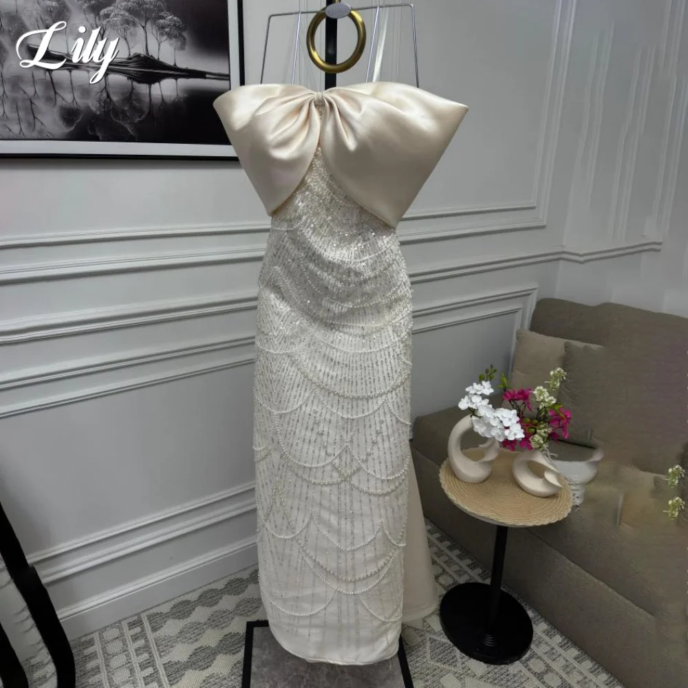 リリー アイボリー パーティードレス オフショルダー トランペット イブニングドレス ビーズ付き 結婚式用 カスタマイズ可能