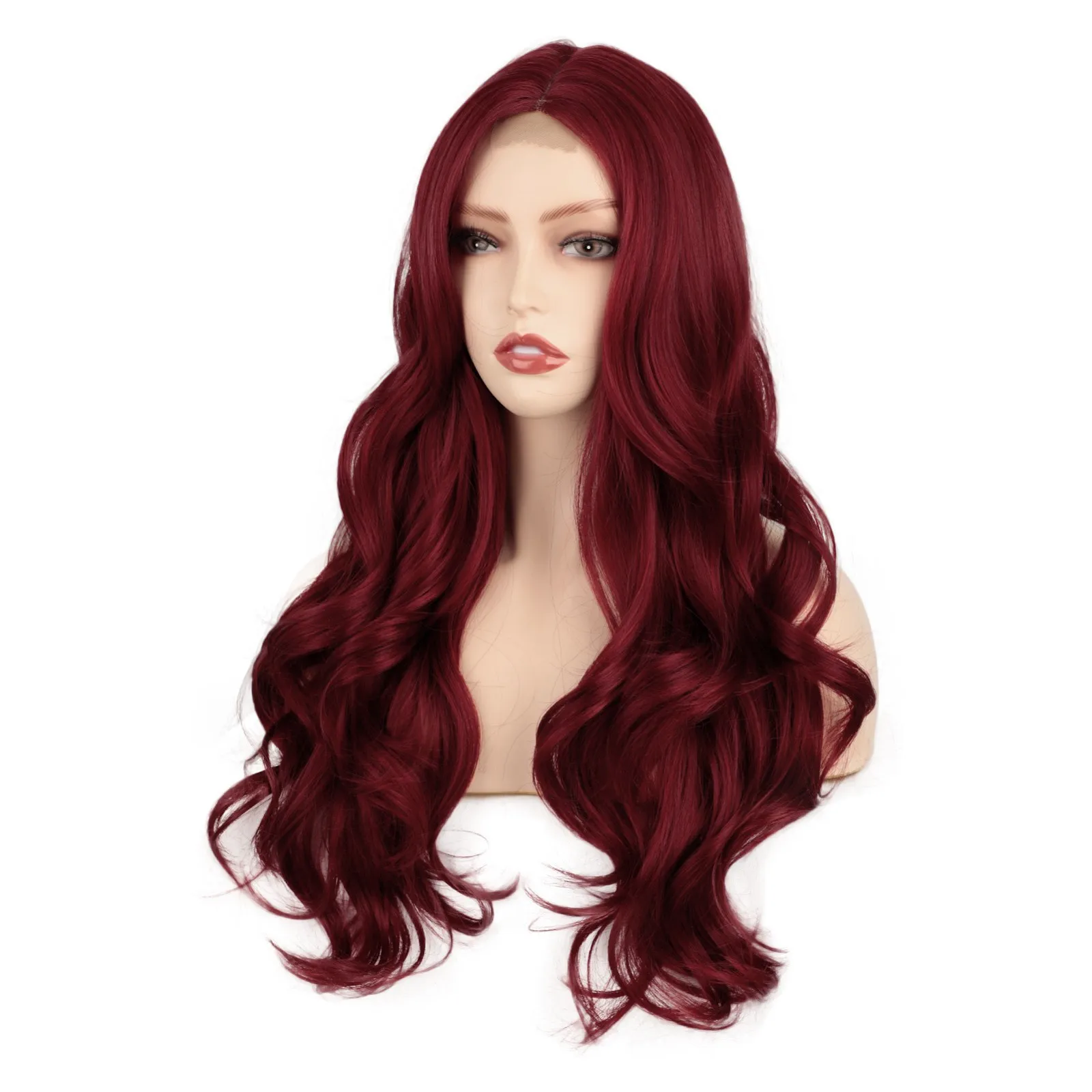 Women Hair Products Long Wine Red Lace Front Wig For Women Middle Parts Long Wavy Human Hair Wig With Lace Front Wig Dry Hair