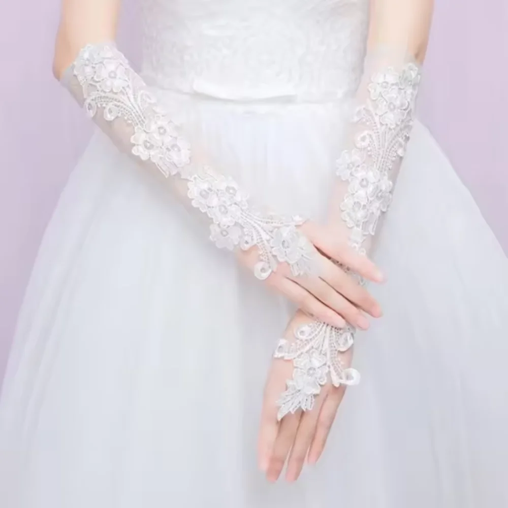 Guantes de boda de encaje de cristal para mujer, codo sin dedos, accesorio largo floral de marfil para novia