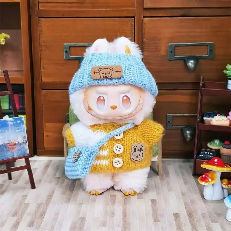 Para ropa Labubu de 15-17 cm, traje Labubu para fiesta sentada, etiqueta de oso, bufanda, sombrero, decoración bonita, accesorios para muñecas