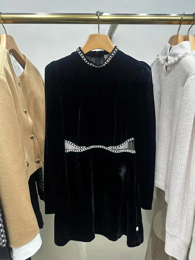 High-End Velvet Dr Hepburn Sle Long Sve High Waist A-Line Silken Velvet Winter Dr for Women Ele Faionable