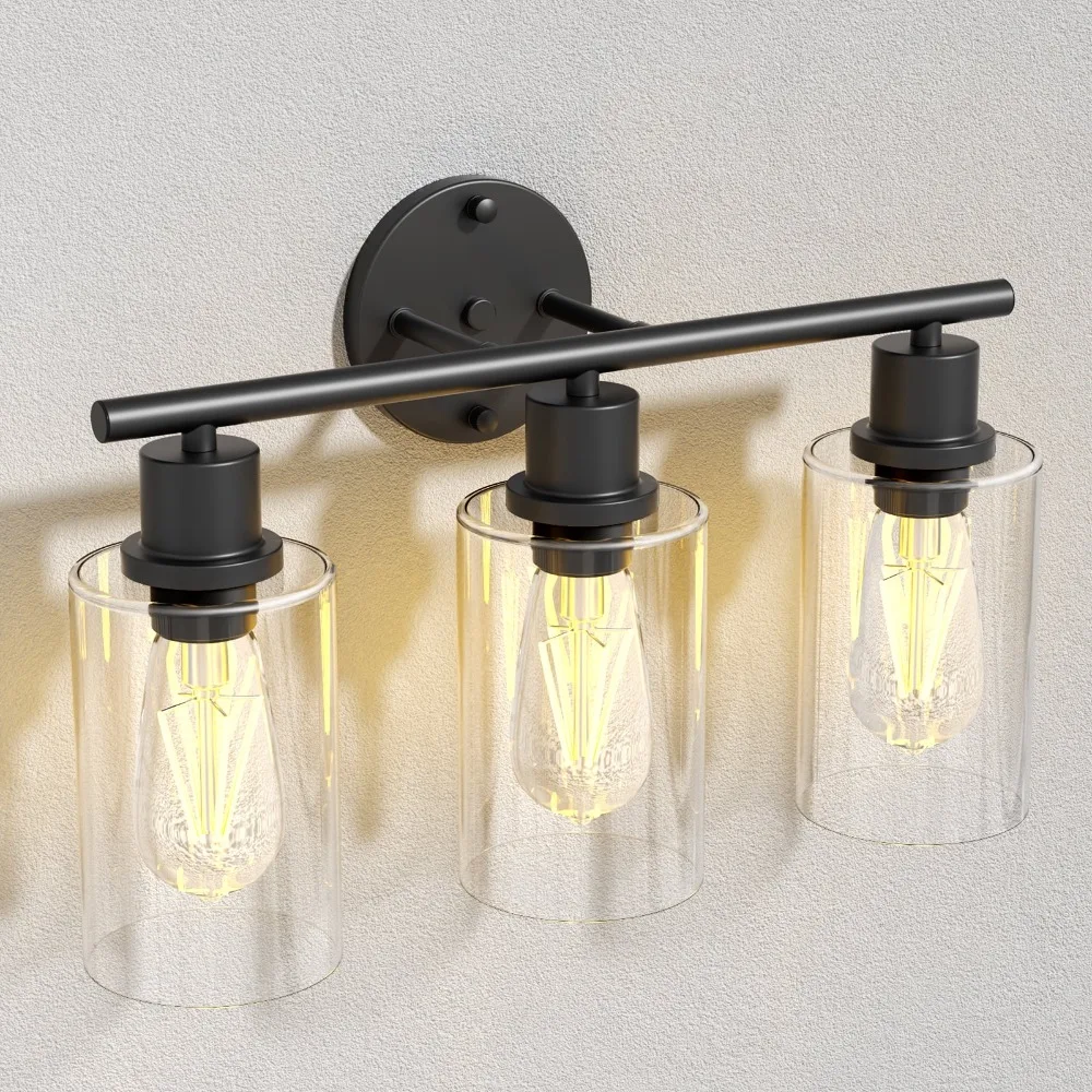 

3-Light Black Vanity Wall Lamp with Clear Glass Shade E26/E27 Modern Bathroom Light Fixtures for Living Room Bedroom Hallway