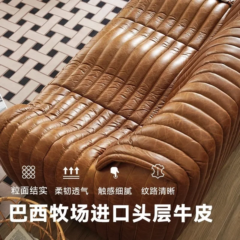 

American vintage leather so fa, mid-style top layer cowhide three-person living room combination