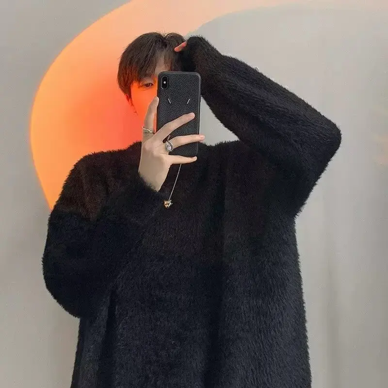 

Мужской свитер свободного кроя с круглым вырезом, однотонный, из искусственного меха, для осени и зимы, больших размеров, повседневный, комфортный, дышащий