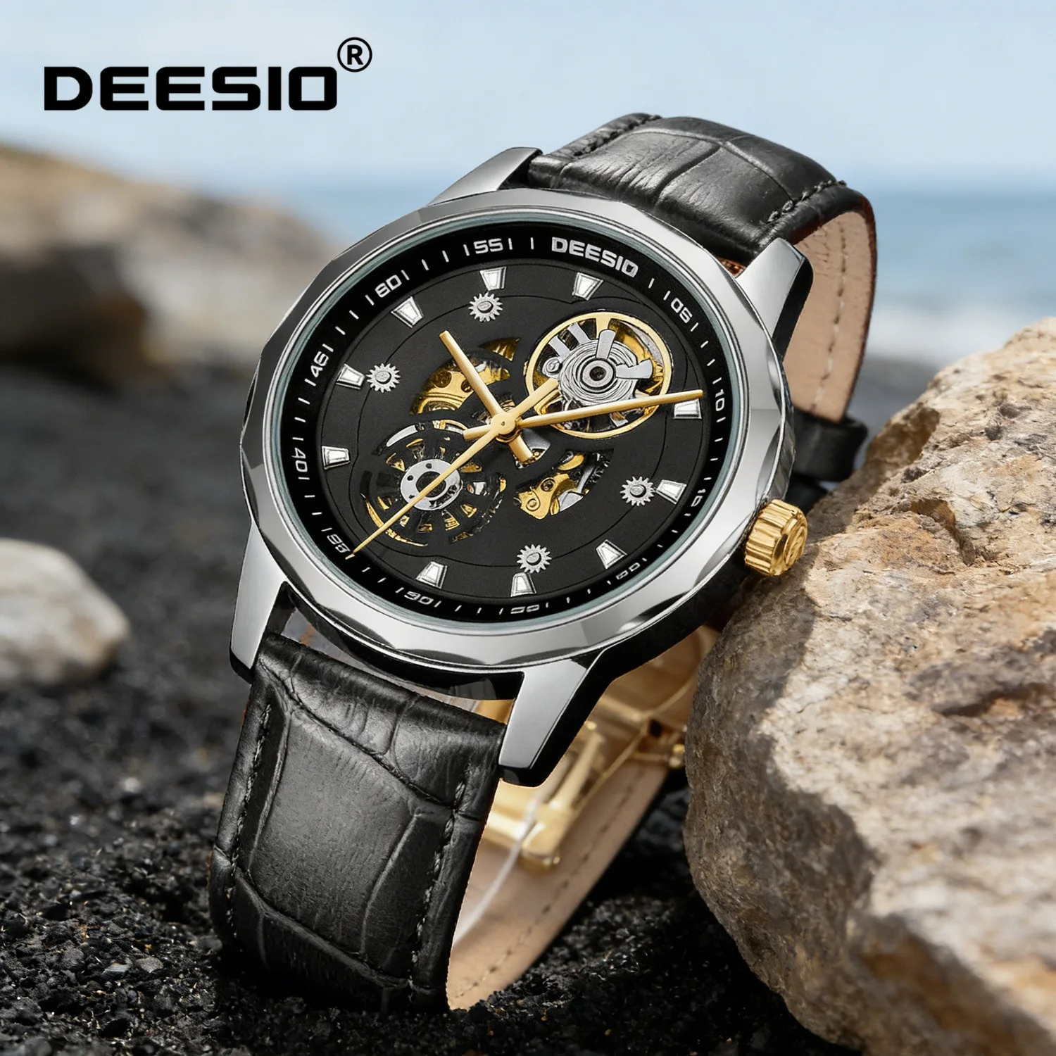 

Мужские автоматические механические часы Deesio, кожаный ремешок для часов, светящийся корпус из нержавеющей стали, водонепроницаемый, подарок для мужчин
