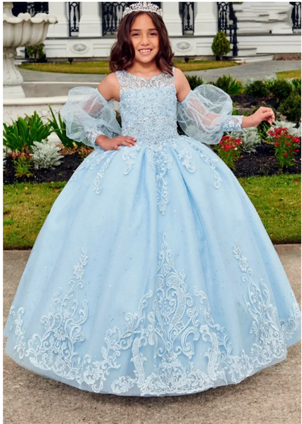 Abito da ragazza di fiore blu di lusso per abiti da prima comunione con stampa in pizzo da sposa in tulle gonfio per bambini, ballo di compleanno, applique