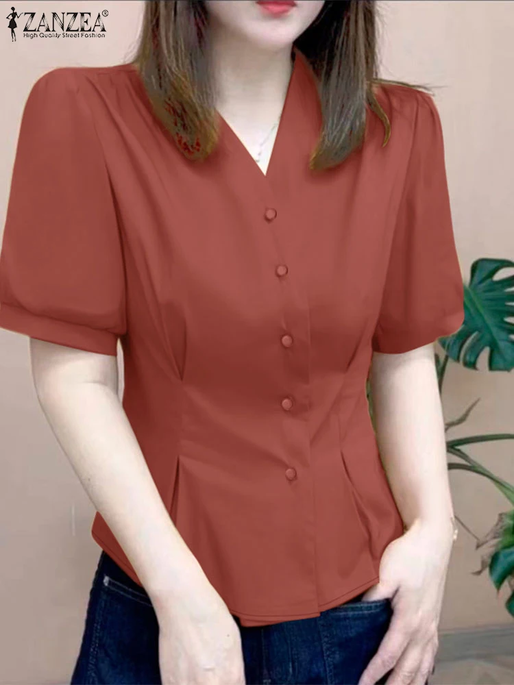 

ZANZEA Women Commute Office Pleated Blouses V-Neck Fashion Button Up Summer Shirts Fitted Waist Elegant Short Puff Sleeve Tops