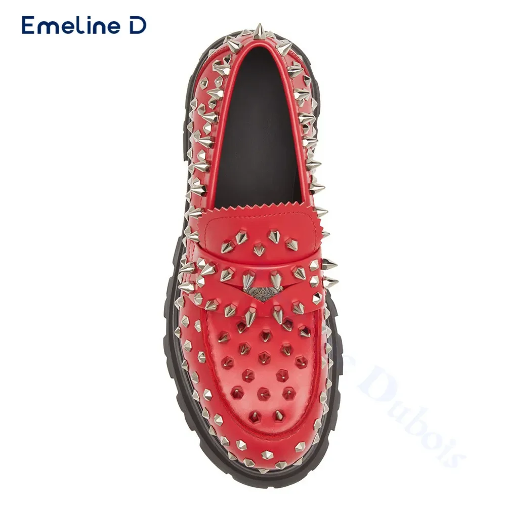 Studded Red Leather Casual Shoes Slip-On Style Big Toe Thick-Soled Leather Shoes Fashionable Personality Large Size Men\'s Shoes